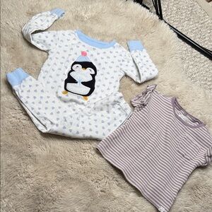 3T Carter's Light Blue girls 2 pc penguin Pajs and little planet ribbed t shirt